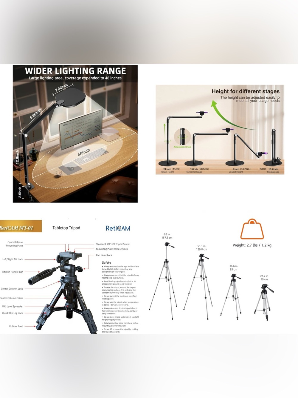 Four items: Lighting Dimmable Light and Tabletop Tripod and overhead phone